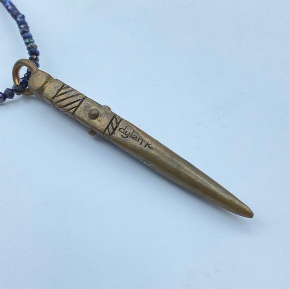 DYLAN K Dagger Copper Pendant On Caviar Black Pyrite Beaded Necklace MSRP 220 - Picture 4 of 11